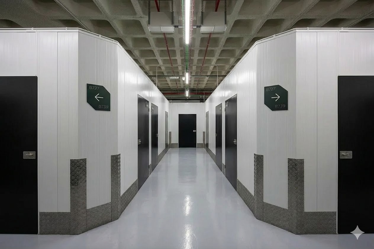 Pasillo de trasteros modernos y luminosos en Canillejas, Madrid